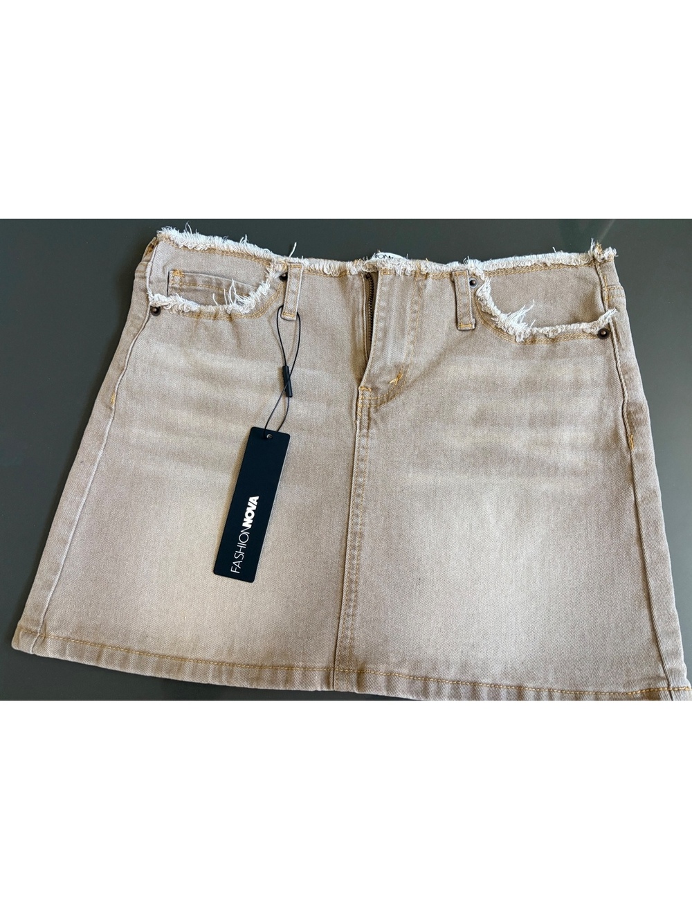 Fashion Nova Beige Denim Mini Skirt with Frayed Waist